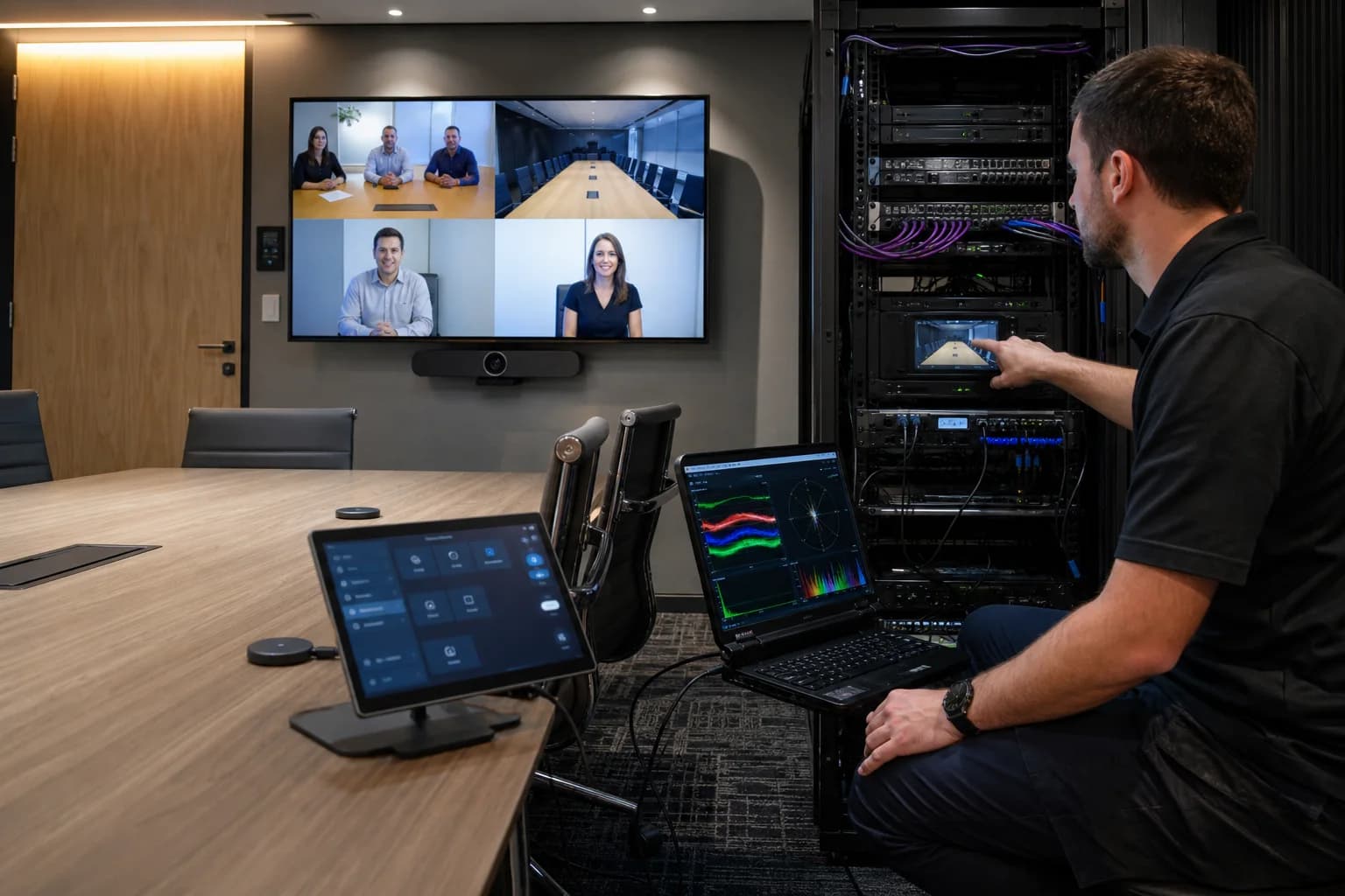 AV technician commissioning a finished room while testing controls, camera framing, and the integrated equipment rack