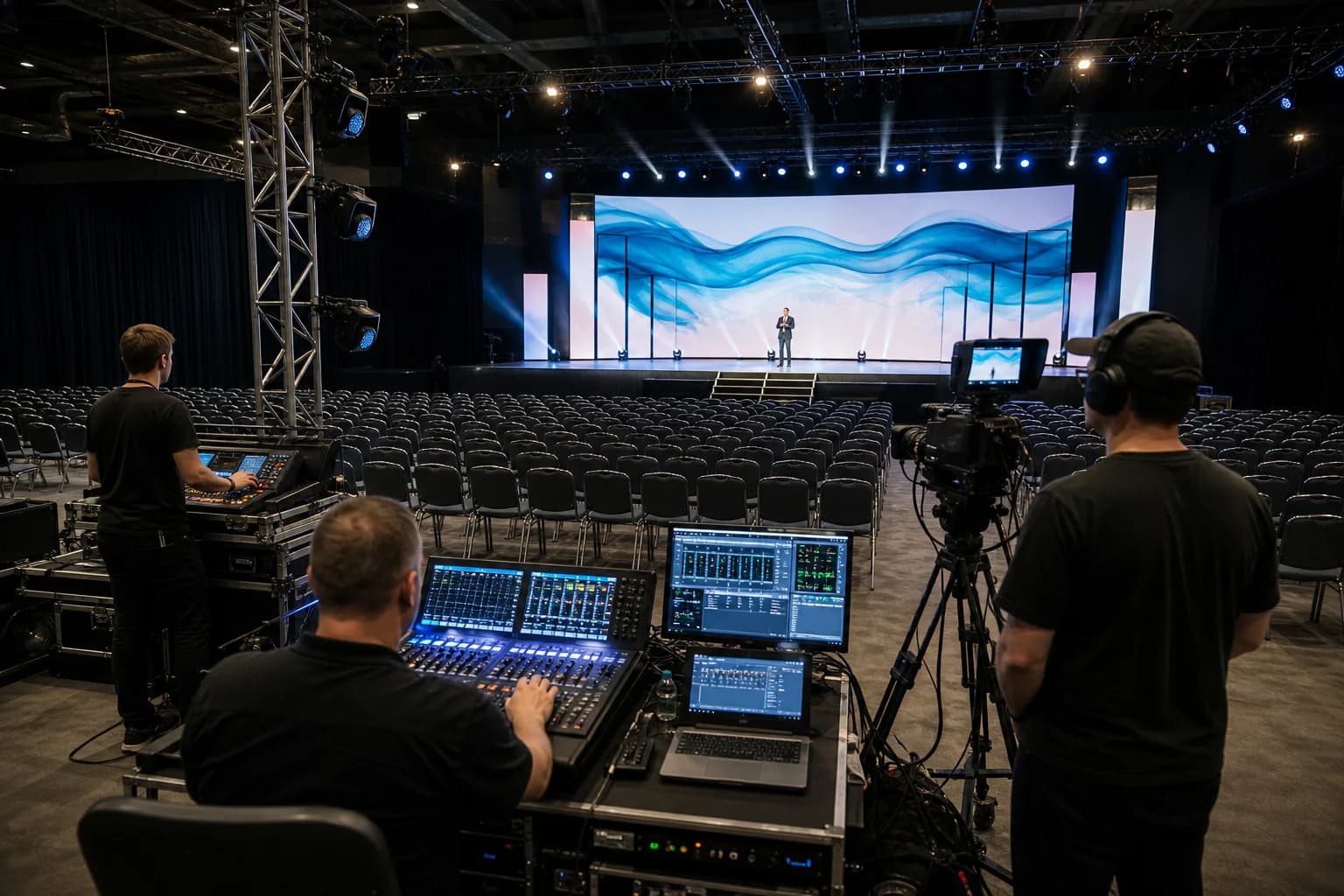 Corporate event technical rehearsal with stage, LED wall, cameras, audio, lighting, and crew working before doors