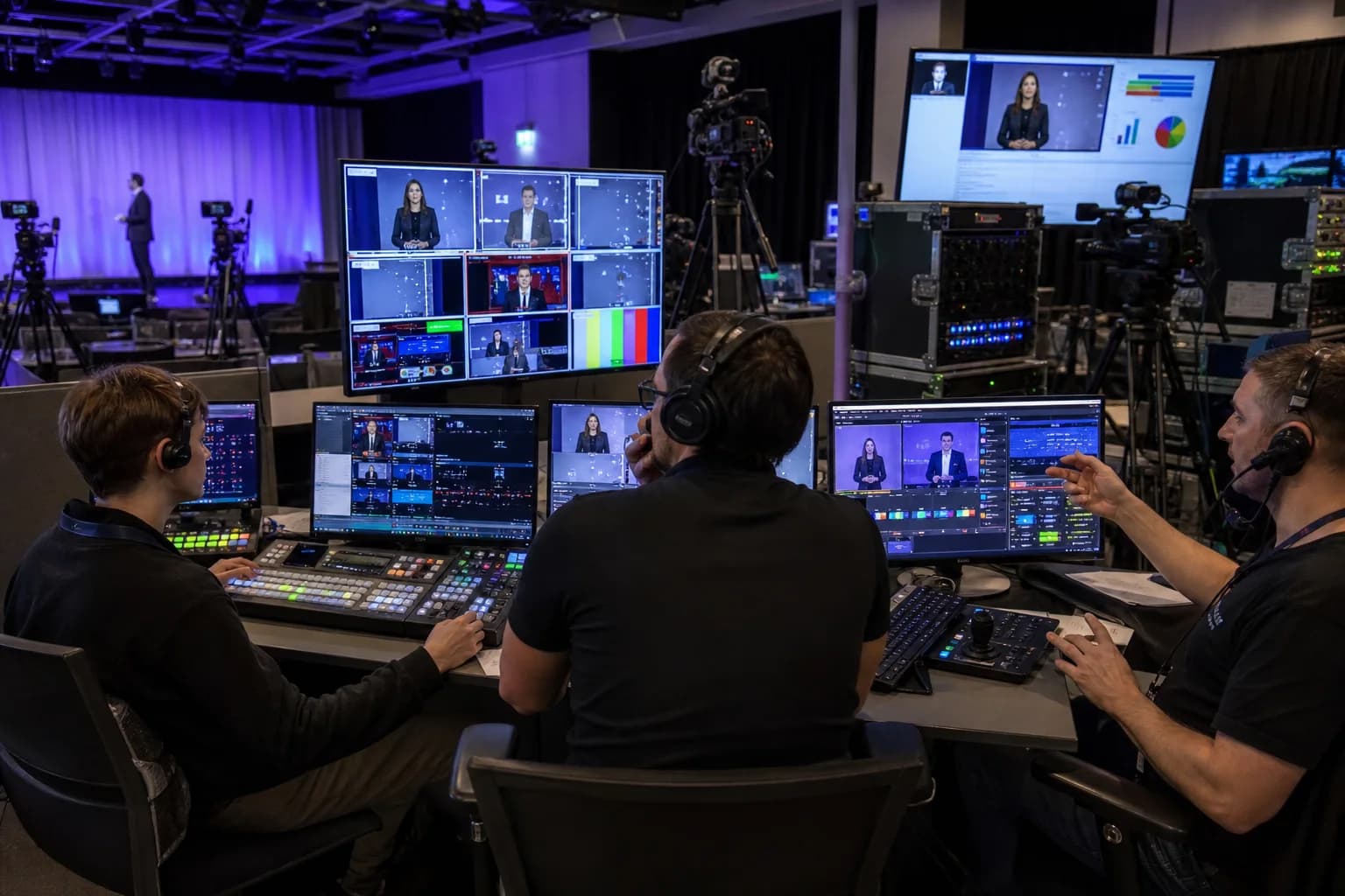 Hybrid event control room monitoring remote presenters, room cameras, graphics, streaming, and redundant program paths