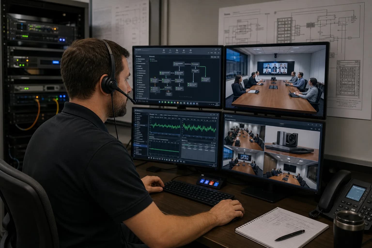 AV support engineer monitoring room feeds, signal health, and system documentation from a professional operations desk