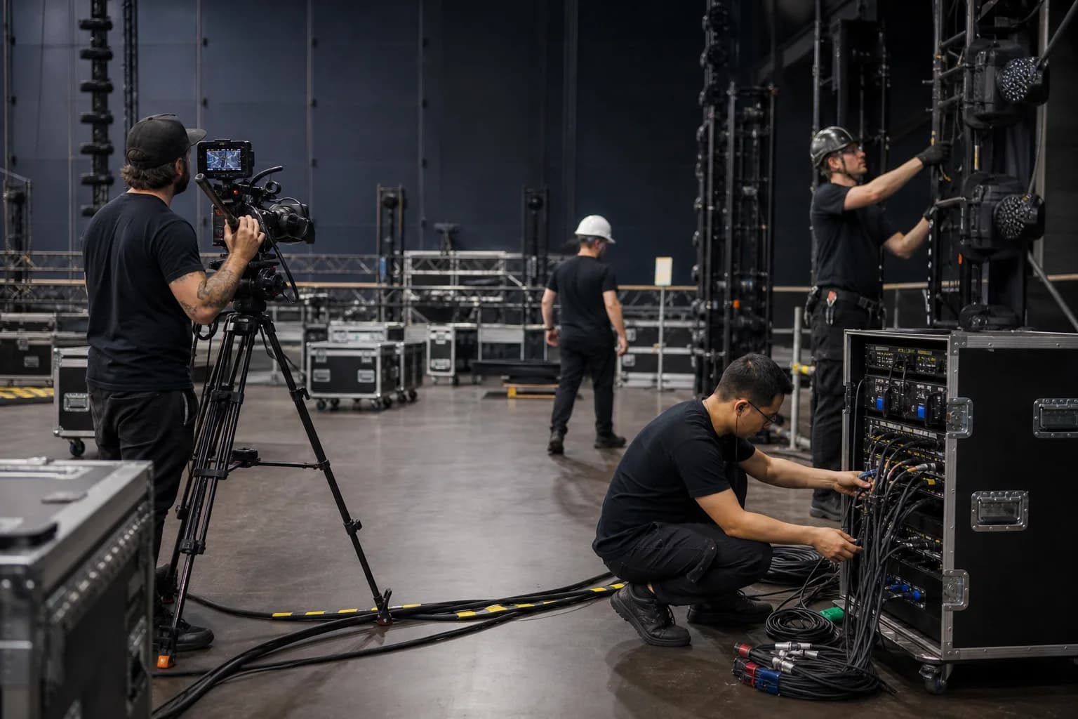 Professional camera, audio, lighting, and video crew completing an organized venue load-in