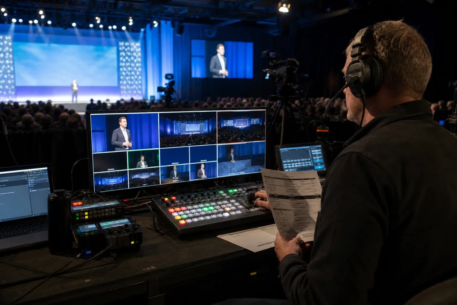 Technical director calling a live corporate program from front of house with multiview, switcher, headset, and cue sheet