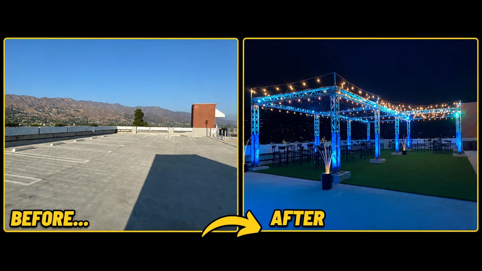 Completed LAFC and Adidas rooftop event environment with illuminated overhead structure and guest seating