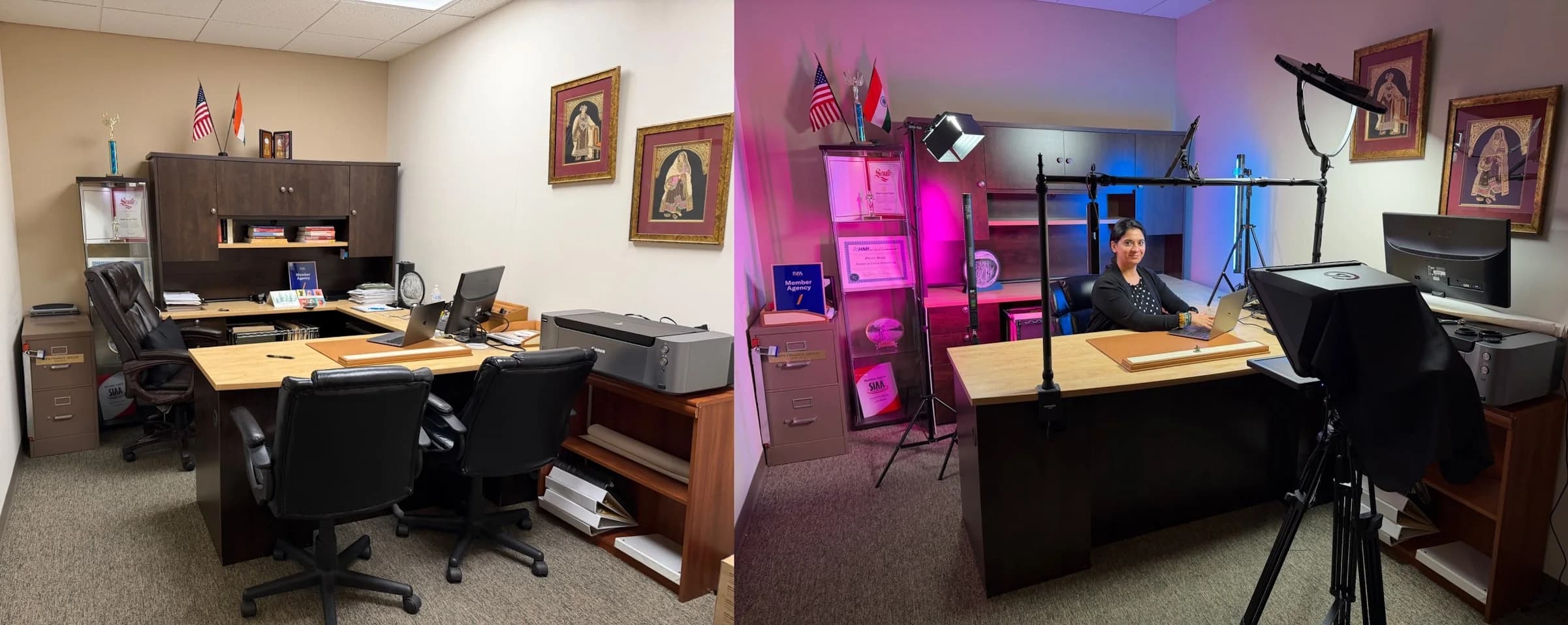 Working office before and after installation of a personal recording setup