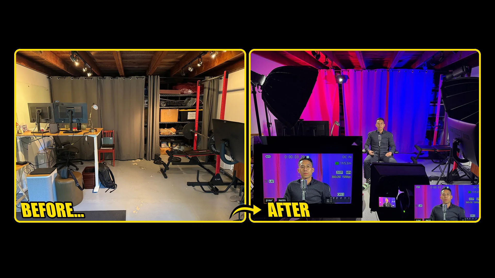 Working room before and after conversion into a lit personal recording studio