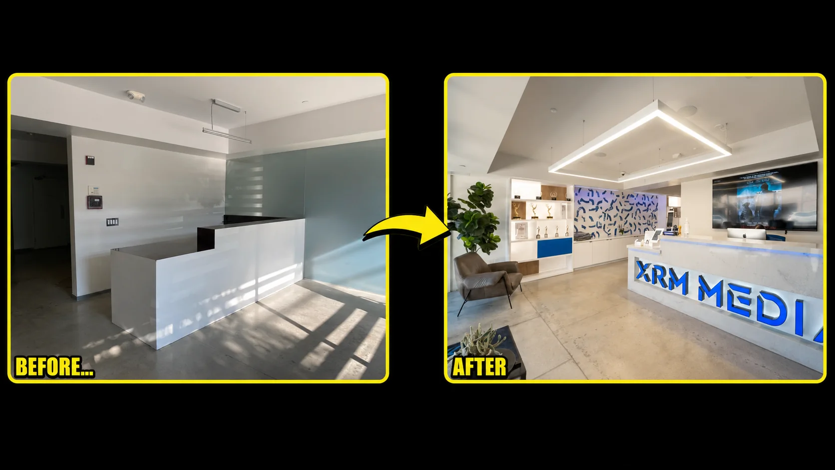 XRM Media lobby before and after installation of a branded production facility
